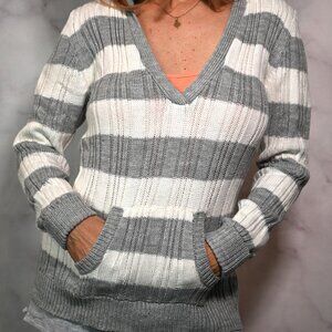 Justice Brand Grey and White Stripe Cable Knit Sweater with Hood & Front Pocket